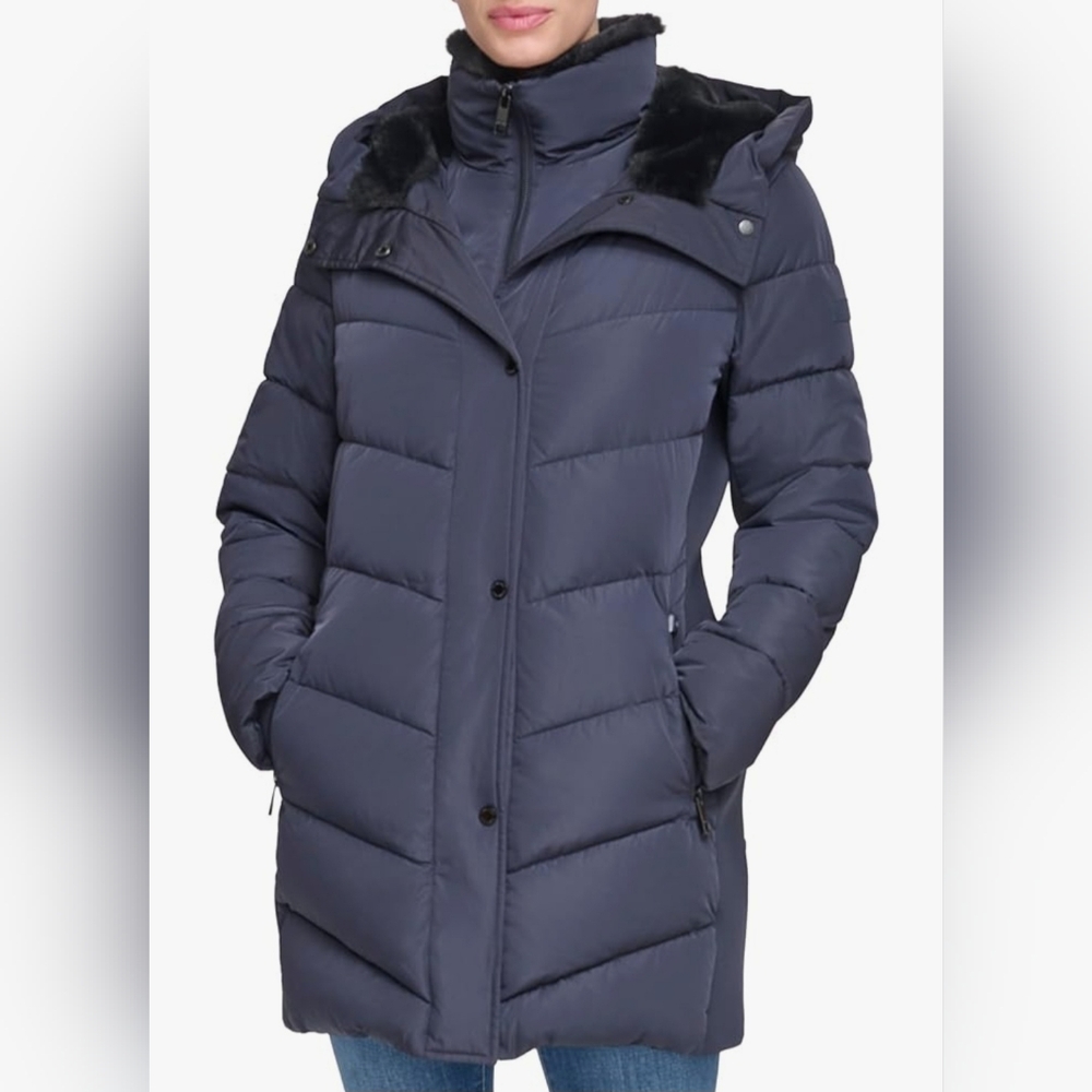 Women's Calvin Klein Faux-Fur Hooded Long Puffer Coat, Navy, S And L MSRP $285